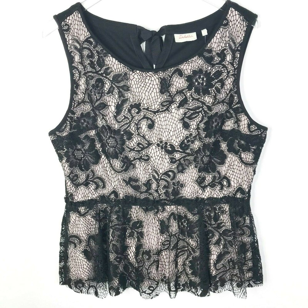 Deletta Anthropologie Top Womens Large Black Lace Peplum Keyhole Tie Back Blouse